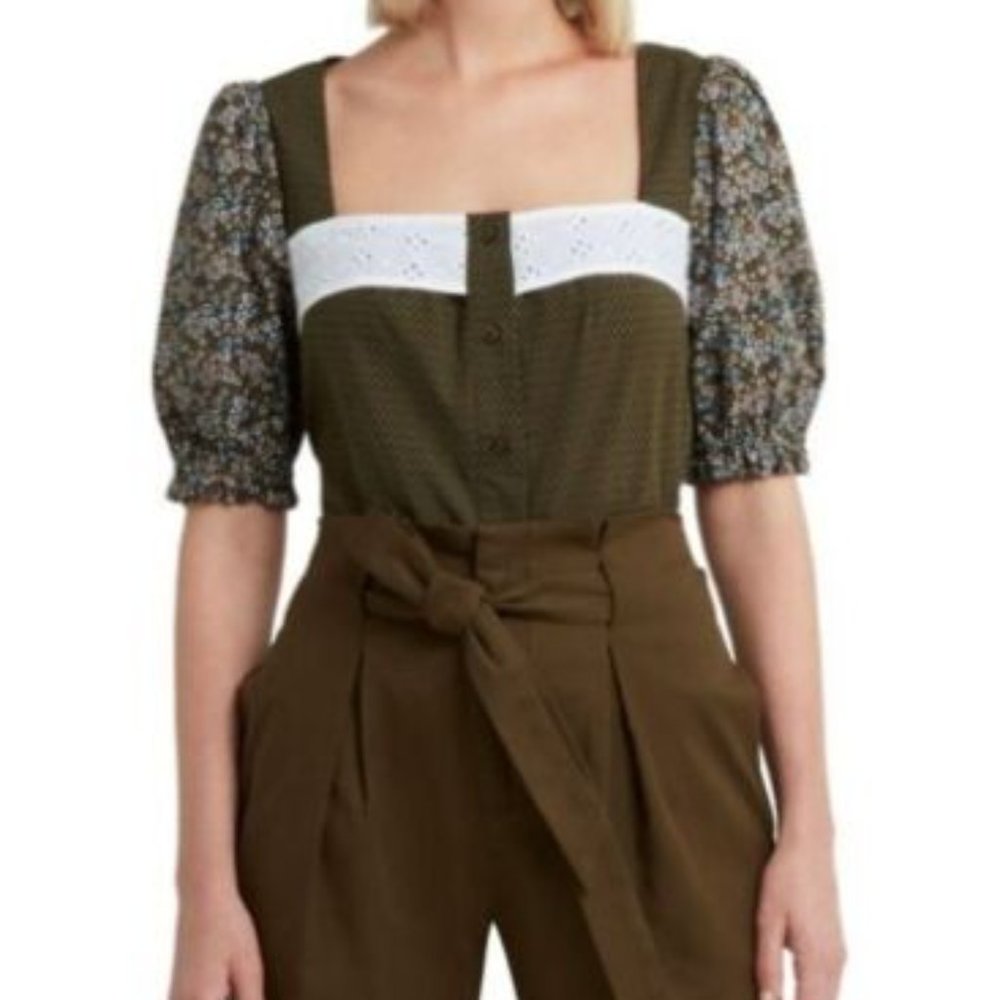 H Halston NWT Mixed Media Eyelet & Floral Cottagecore Blouse Large